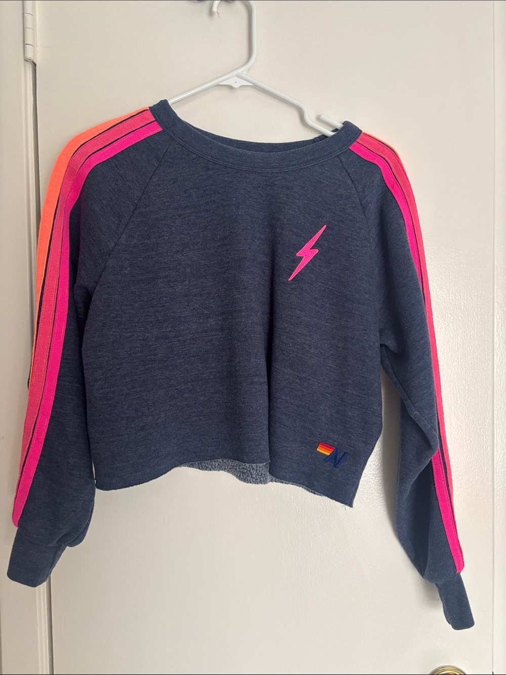 Aviator Nation Women’s Navy Cropped Sweatshirt with Pink Accent Stripes